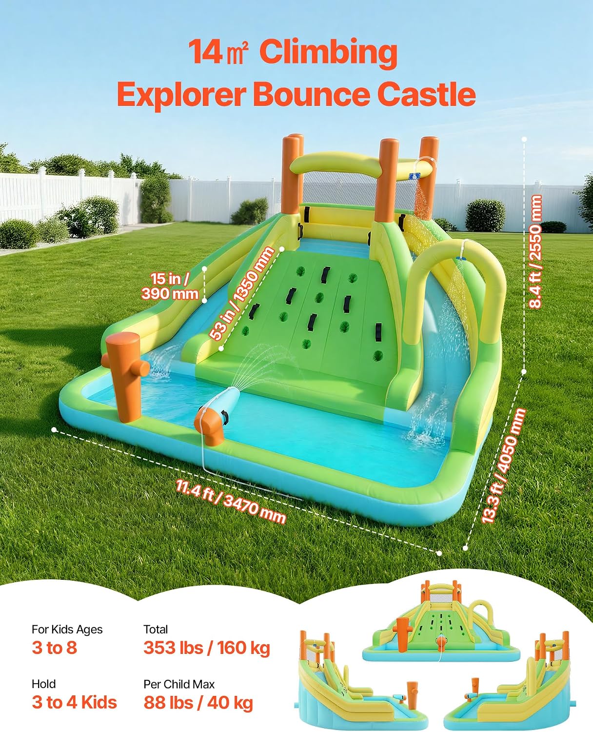 VEVOR Inflatable Water Slide Bounce House with Blower, Compact 5-in-1 Kids Bouncy Castle with Slide, Splash Pool, Climbing Wall, Basketball Hoop & Bounce Area for Kids