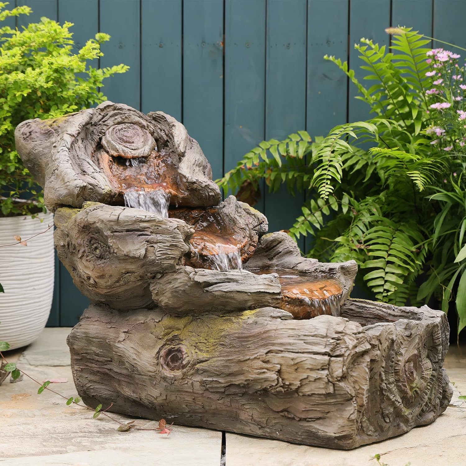 Sunlinua 23.62' L Outdoor Water Fountain with 3 Tiers Cascading Realistic Tree Trunk Waterfall Fountains with LED Lights Outdoor Water Fountain for Garden Patio Backyard Porch Home Decor