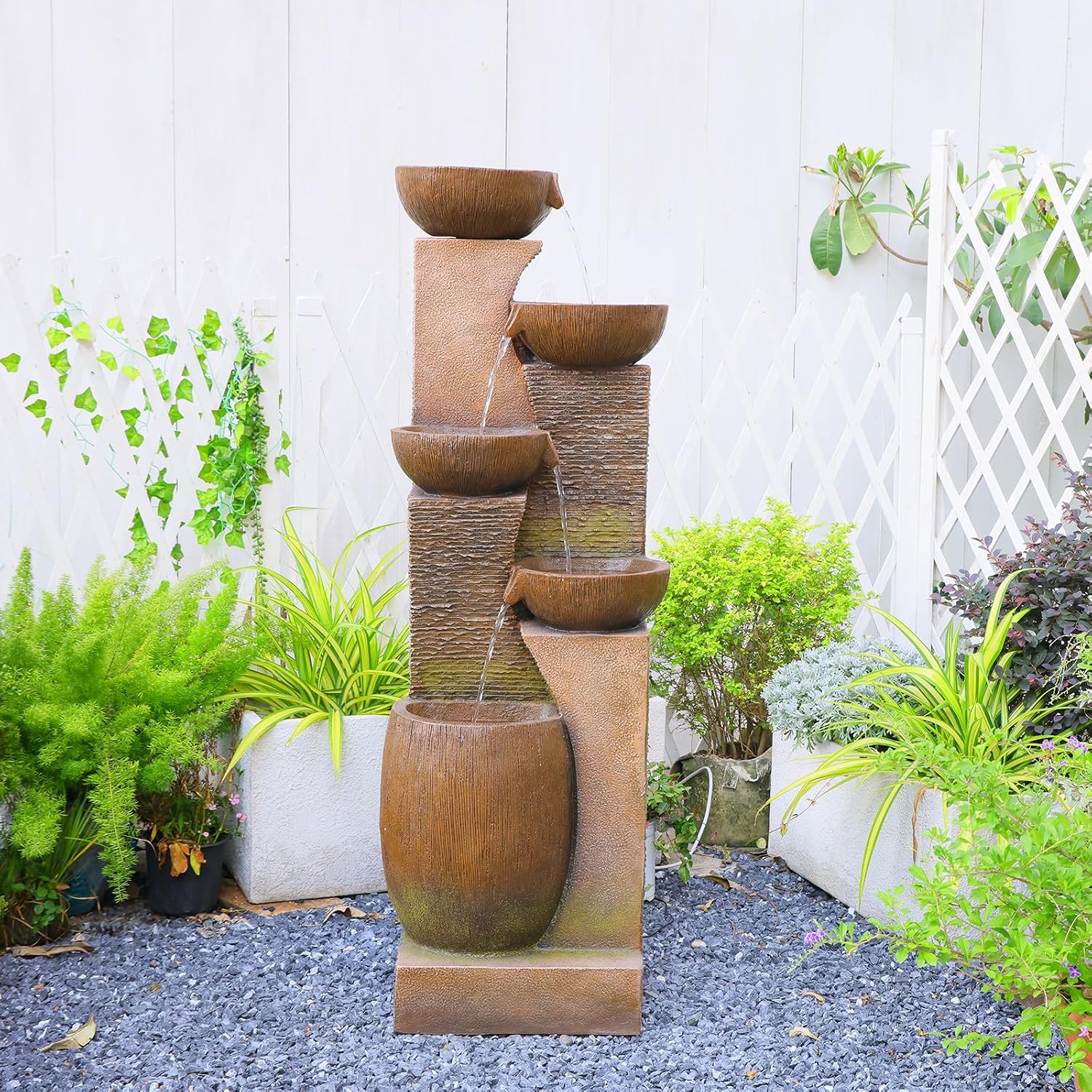 5-Tier Rustic Jar Water Fountain Outdoor with LED Lights, 51.6' Tall Cascading Resin Waterfall Feature for Garden Patio Backyard Yard Décor, Tiered Water Fountain