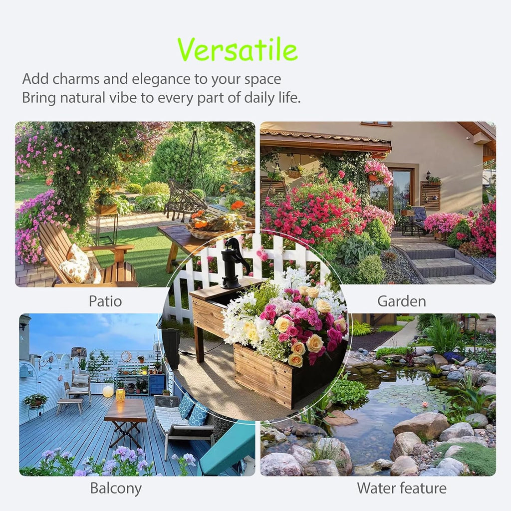 Outdoor Water Fountain, Floor Wooden Rectangular Double-Layer Old-Fashioned Hand Pump Fountain with Flower Box, Solar-Powered Electric Decorative Water Feature for Garden Patio Backyard