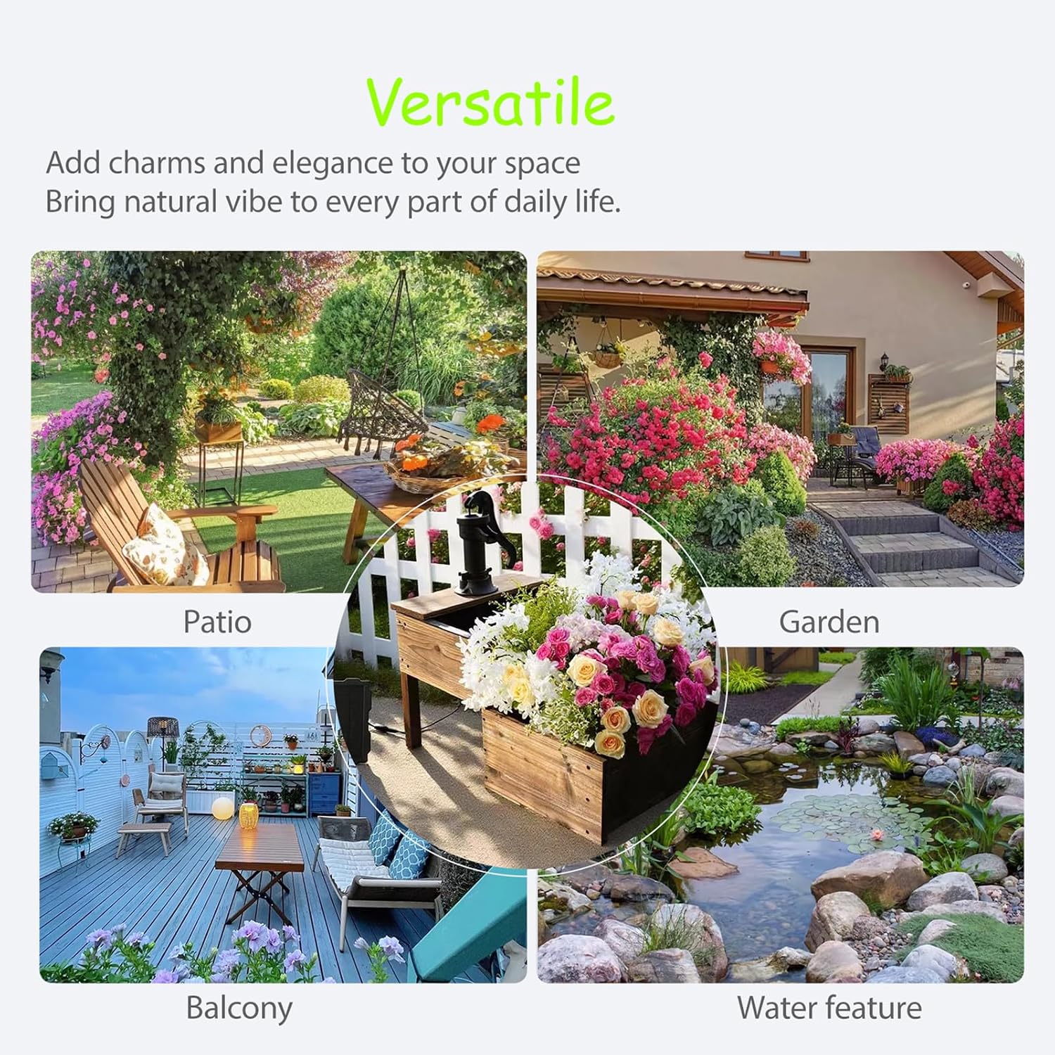 Outdoor Water Fountain, Floor Wooden Rectangular Double-Layer Old-Fashioned Hand Pump Fountain with Flower Box, Solar-Powered Electric Decorative Water Feature for Garden Patio Backyard