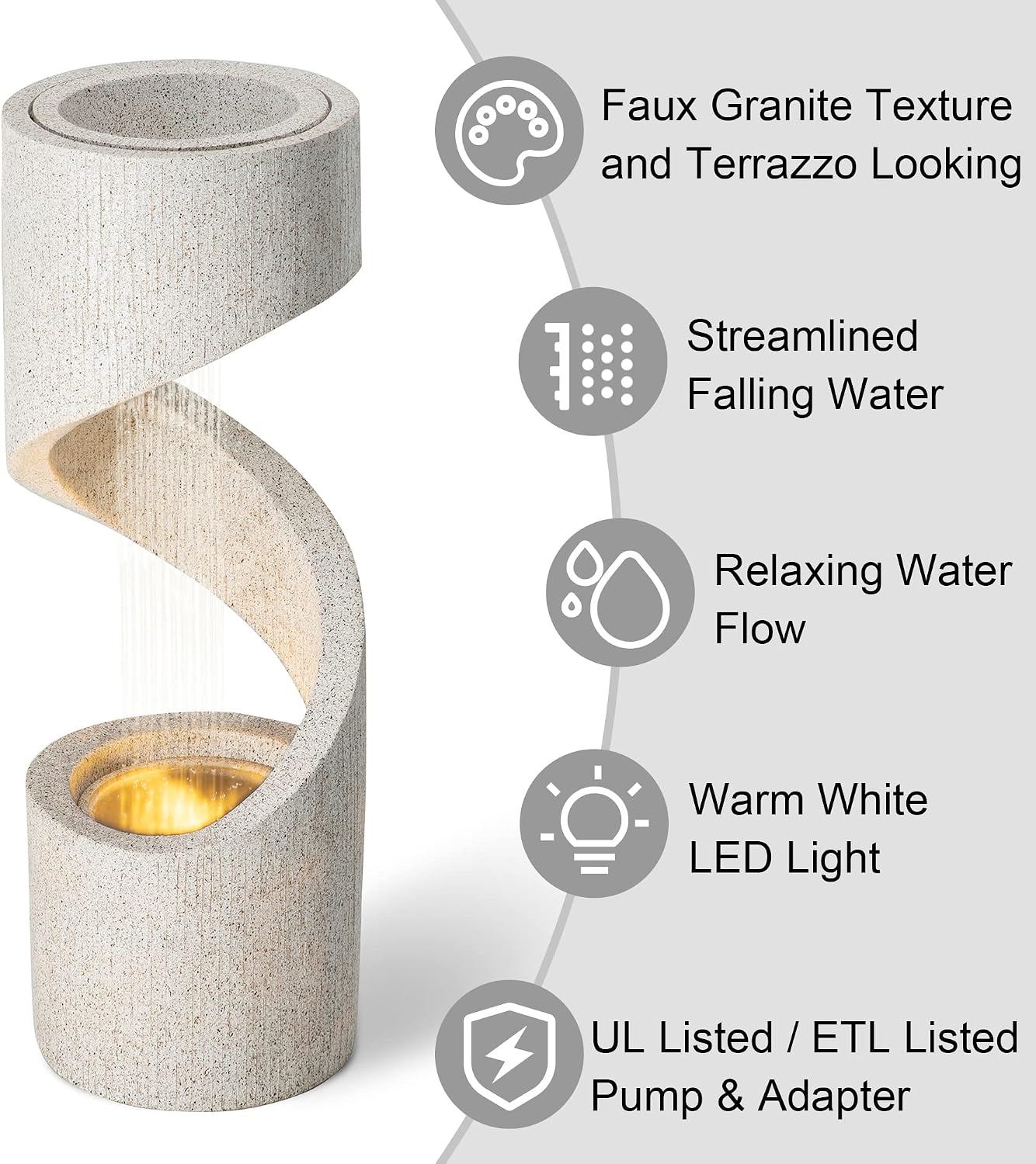 Glitzhome Outdoor Water Fountain with LED Light, Modren Curved Waterfall Fountain with Stone Planter, Faux Terrazzo Spiral Shaped Outdoor Fountains Water Feature for Garden Patio Deck Porch, 40.25'H