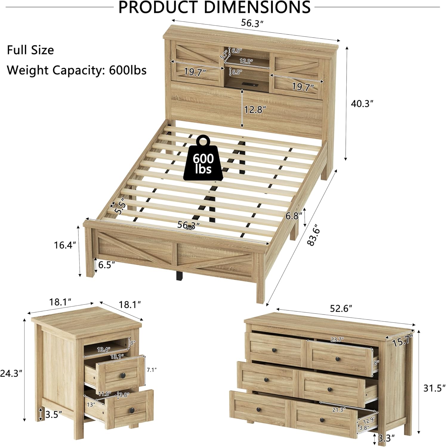 Farmhouse Bedroom Set 3 Pieces, Full Size Wood Platform Bed Frame, Nightstand and Dressing Table, Full Bedframe with Double Sliding Door Headboard and Charging Station (Natural, Full)