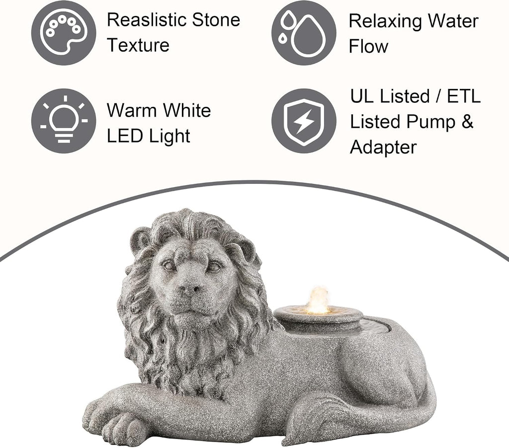Glitzhome Outdoor Fountain with Lights & Pump, 20' L Zen-Style Lying Lion Polyresin Water Fountain Outdoor, Floor Standing Water Feature for Garden Yard Patio Porch Decor