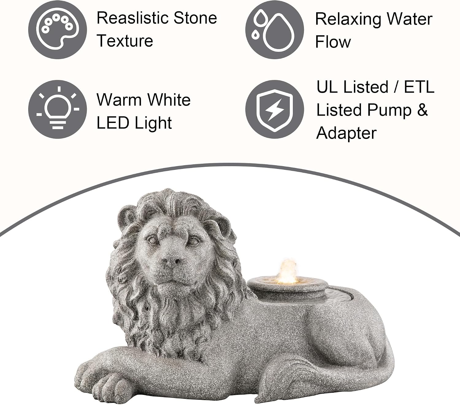 Glitzhome Outdoor Fountain with Lights & Pump, 20' L Zen-Style Lying Lion Polyresin Water Fountain Outdoor, Floor Standing Water Feature for Garden Yard Patio Porch Decor