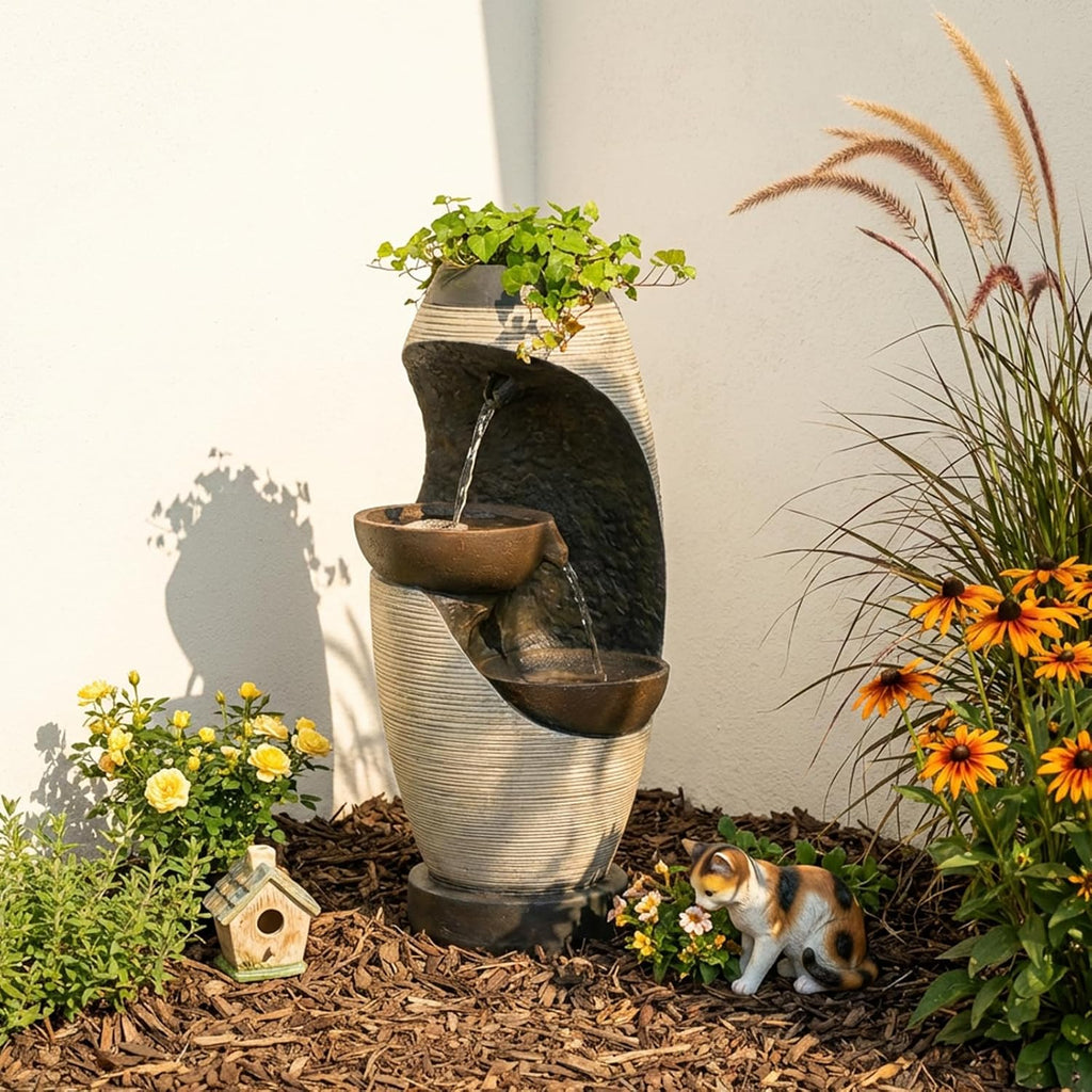 Bumilgar 2-Tier Bowl Water Fountain with LED Lights, 27.95' Tall Freestanding Outdoor & Indoor Garden Waterfall Fountain for Yard, Patio, Backyard, Floor Standing Home Decor