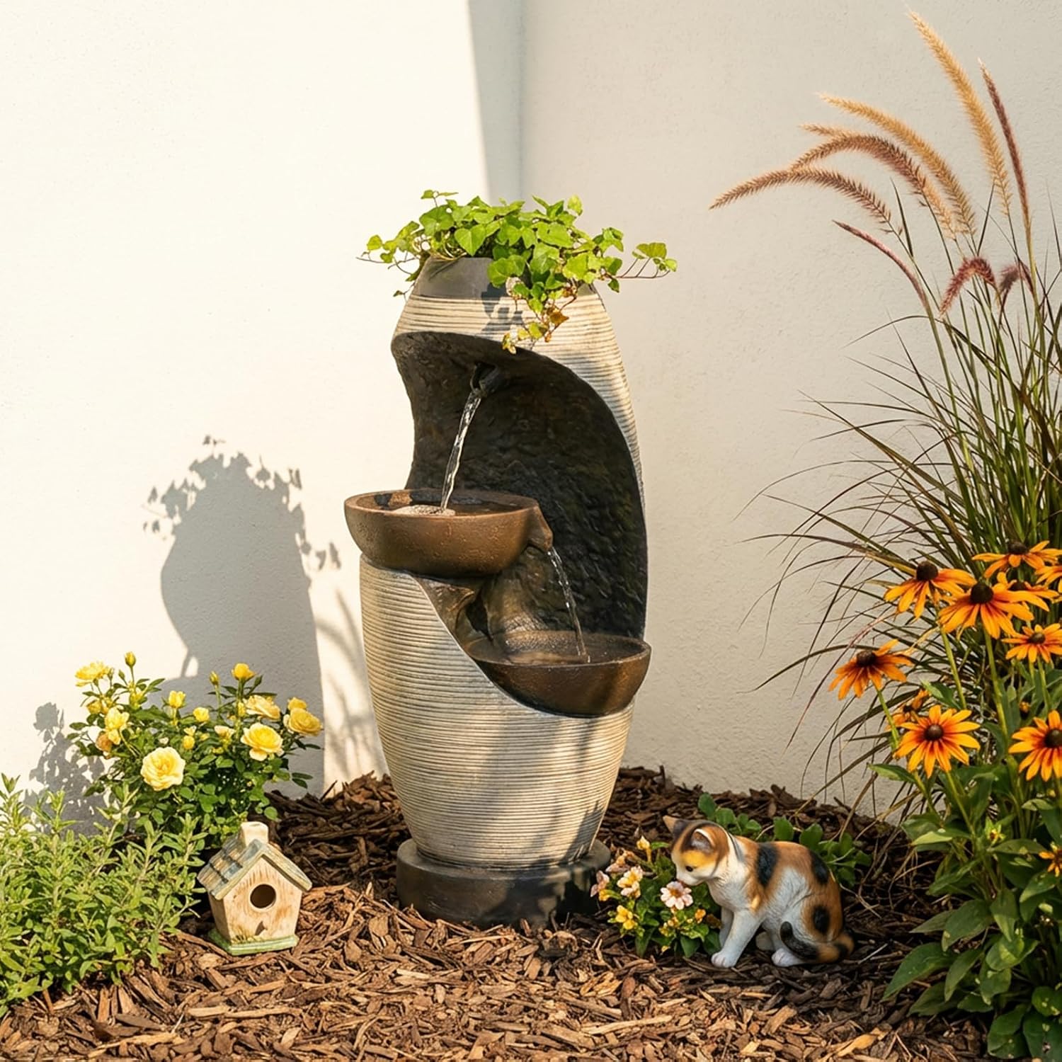 Bumilgar 2-Tier Bowl Water Fountain with LED Lights, 27.95' Tall Freestanding Outdoor & Indoor Garden Waterfall Fountain for Yard, Patio, Backyard, Floor Standing Home Decor
