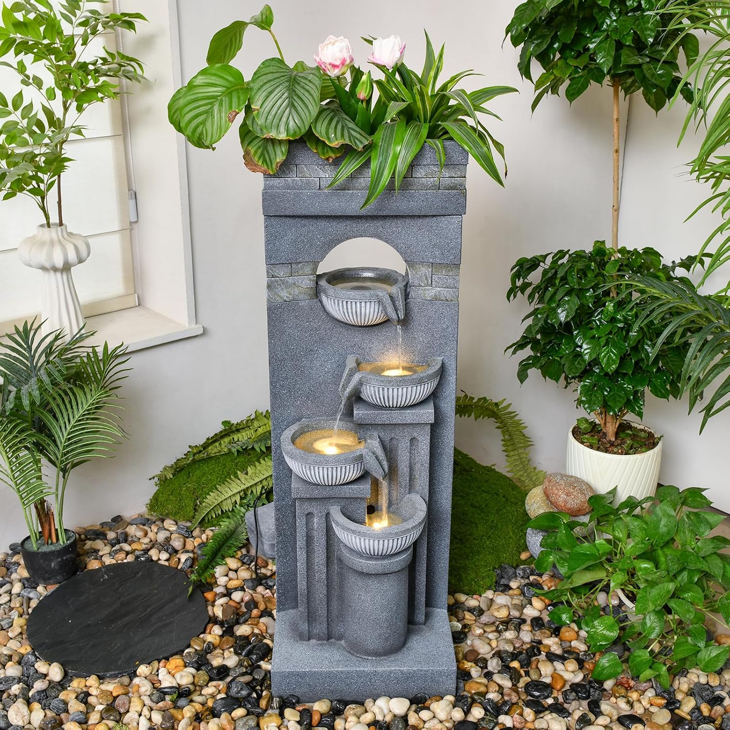 42.52' Outdoor Garden Water Fountain with Lights Floor-Standing 4 Tiers Cascading Large Waterfall Fountain for Patio, Backyard, Deck, Porch and Home Art Decor