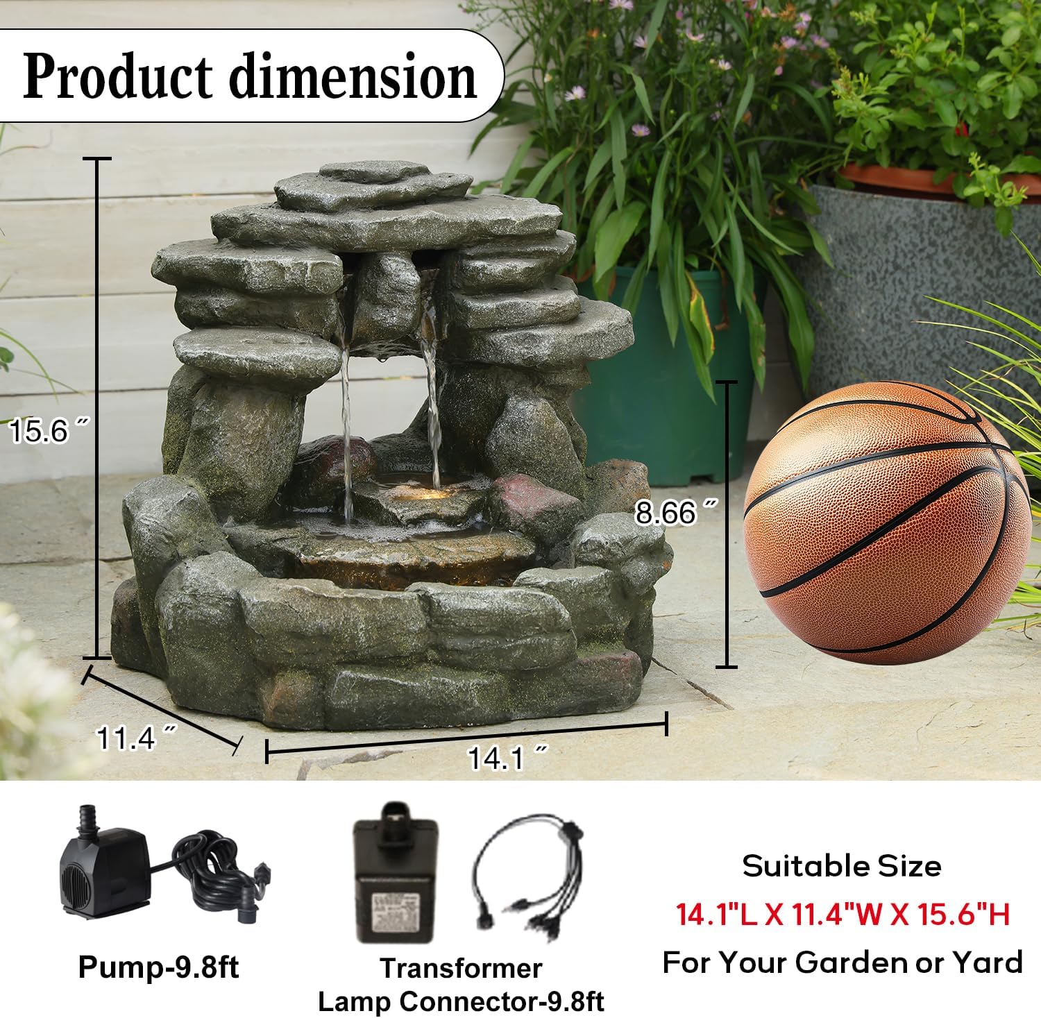 Bumilgar 15.6' H Small Garden Outdoor Rock Water Fountain with LED Lights, 3-Tier Cascading Waterfall Fountain for Patio, Porch, Backyard & Indoor Home Decor