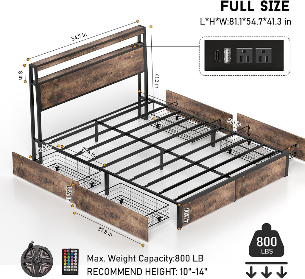 Fabulis Full Size Bed Frame with 4 Storage Drawers and Headboard with Charging Station and LED Lights,2 Tier Solid Wood Headboard Storage,Noise Free, No Box Spring Needed/Remote/Vintage Brown