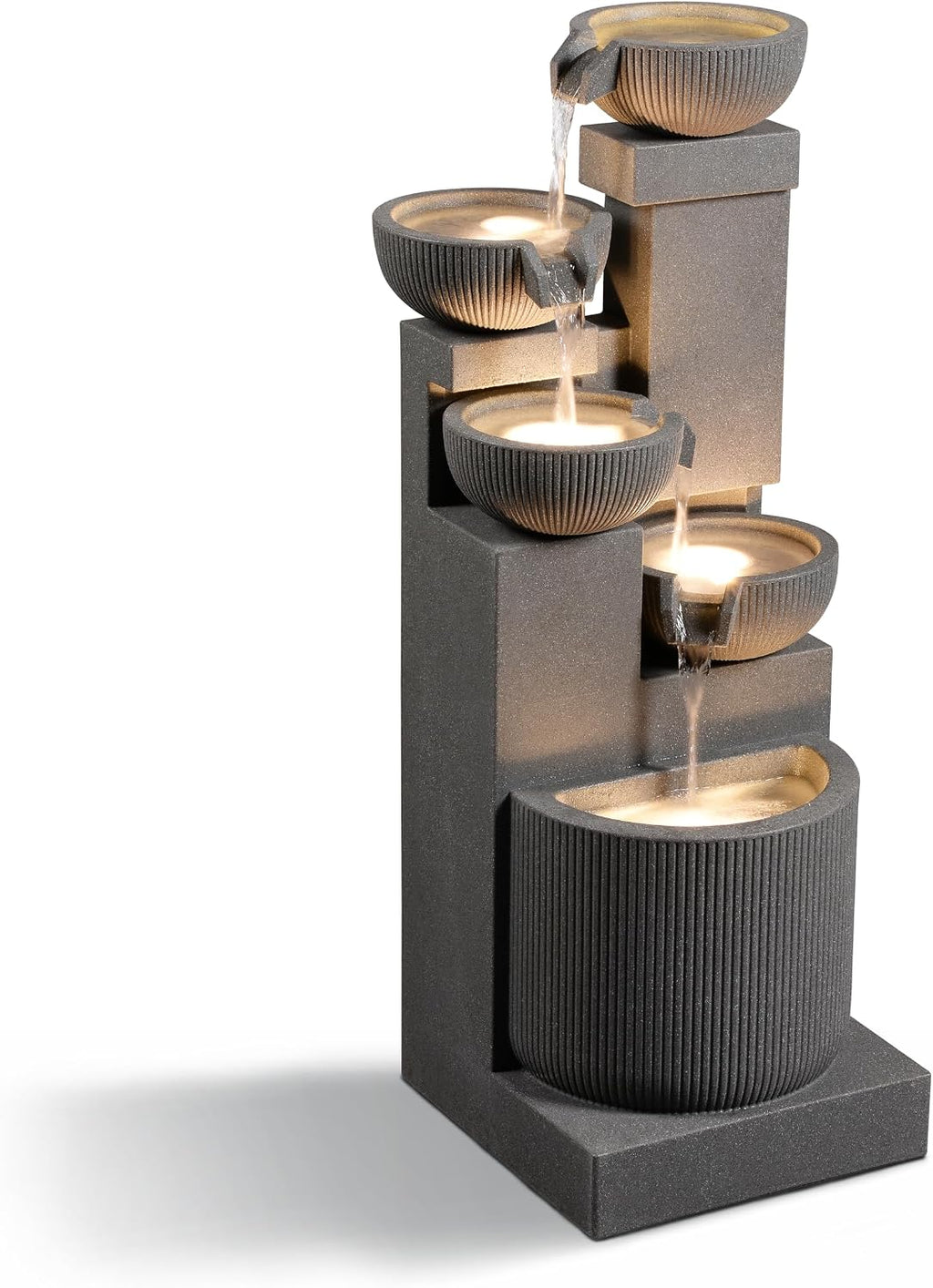 39.76' H 5-Tiers Cascading Bowls Outdoor Water Fountain Made with Eco-Friendly Recyclable Materials, Polyethylene Waterfall Fountain, Outdoor Decor with LED Lights for Patio, Backyard (39.76')