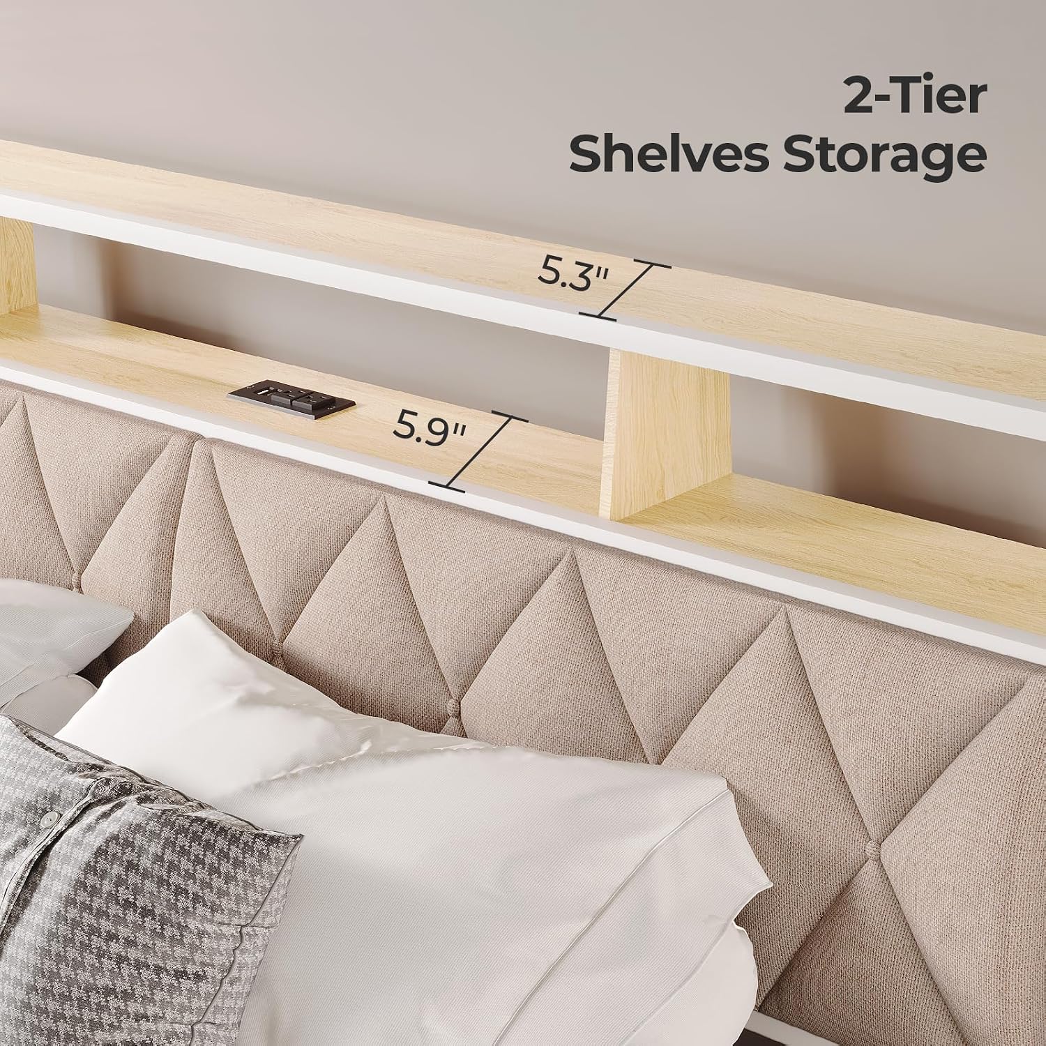 King Headboard Only, Headboard for King Size Bed with Storage, Upholstered Headboards with LED Lights & Charging Station, Attach Frame, Ideal for Bedroom/Dorm/Guest Room, White & Beige
