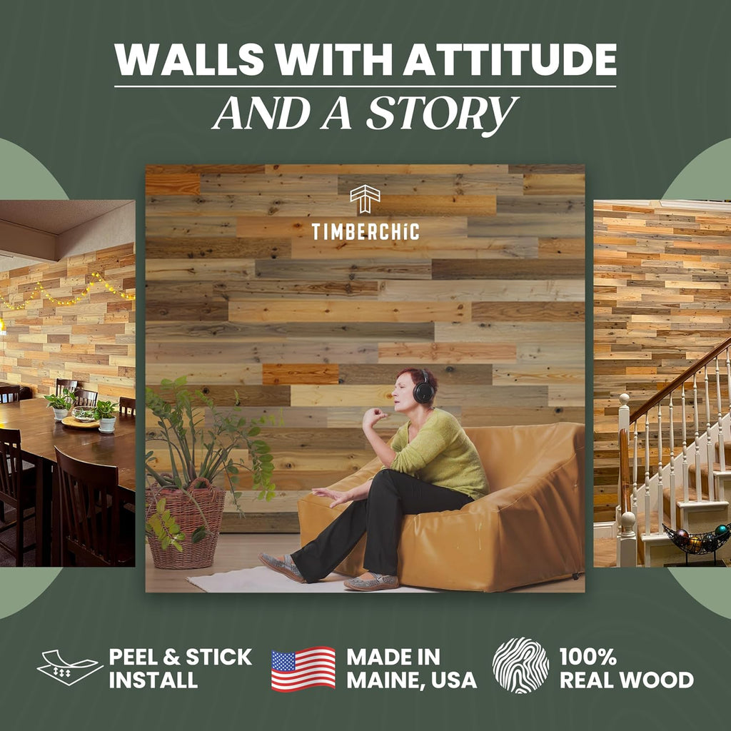 TIMBERCHiC 100% Reclaimed Wood Wall Planks - Made in USA - Peel-and-Stick Panels for Interior Decor - DIY Accent Wall Panels, River Planks (3' x 10 Sq Ft)