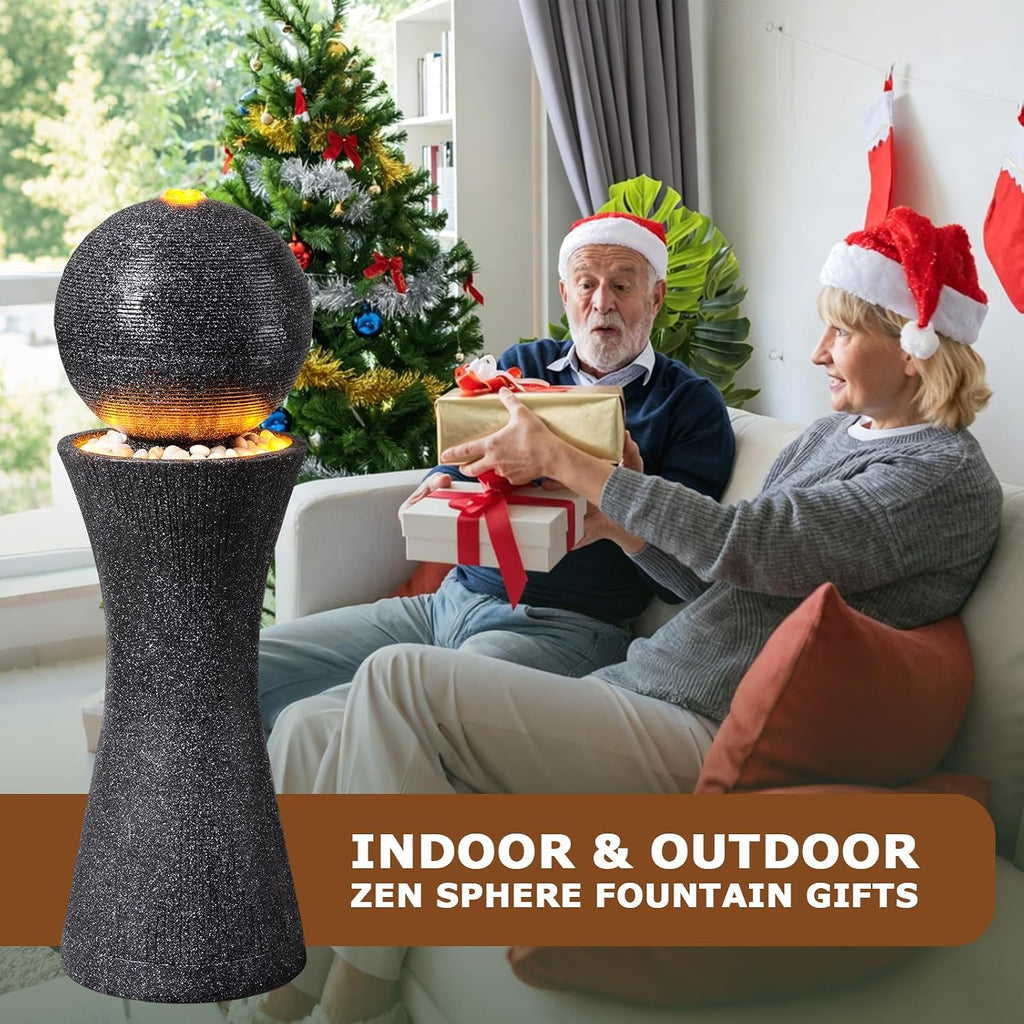 41.73' Tall Sphere Outdoor Water Fountain with LED Light, Modern Black Polyresin Sphere Floor Fountain Outdoor Water Feature with Curved Pedestal for Garden, Patio, Backyard, Porch and Home Art Decor