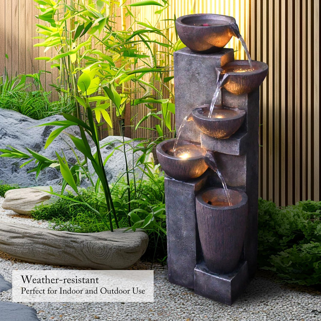 SunJet 5-Tier Cascading Indoor/Outdoor Water Fountain with LED Lights - 39.7' High Large Waterfall Floor Standing Fountain for Garden, Patio, Yard, and Deck Decor - Relaxing Outdoor Water Feature