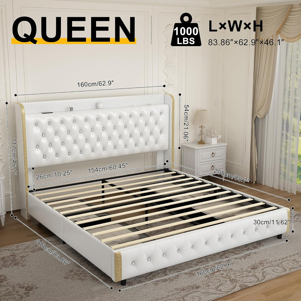 GEGOFORU Queen Led Bed Frame with 4 Drawers Projector Galaxy Light, Wingback Upholstered Headboard, Diamond Charger Music Speaker, No Box Spring Needed & Noise-Reduction, Wooden Slats, PU White