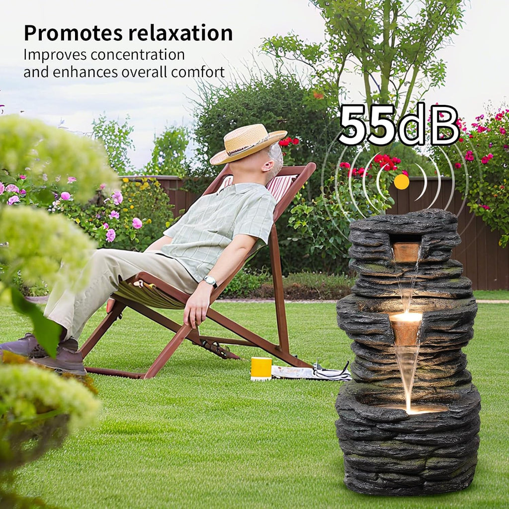 3 Tier Cascading Rock Water Fountain Outdoor Garden,28.74' H Natural Look Outdoor Fountains and Waterfalls with LED Lights for Patio, Deck, Porch, Backyard, Outside and Indoor Home Decor