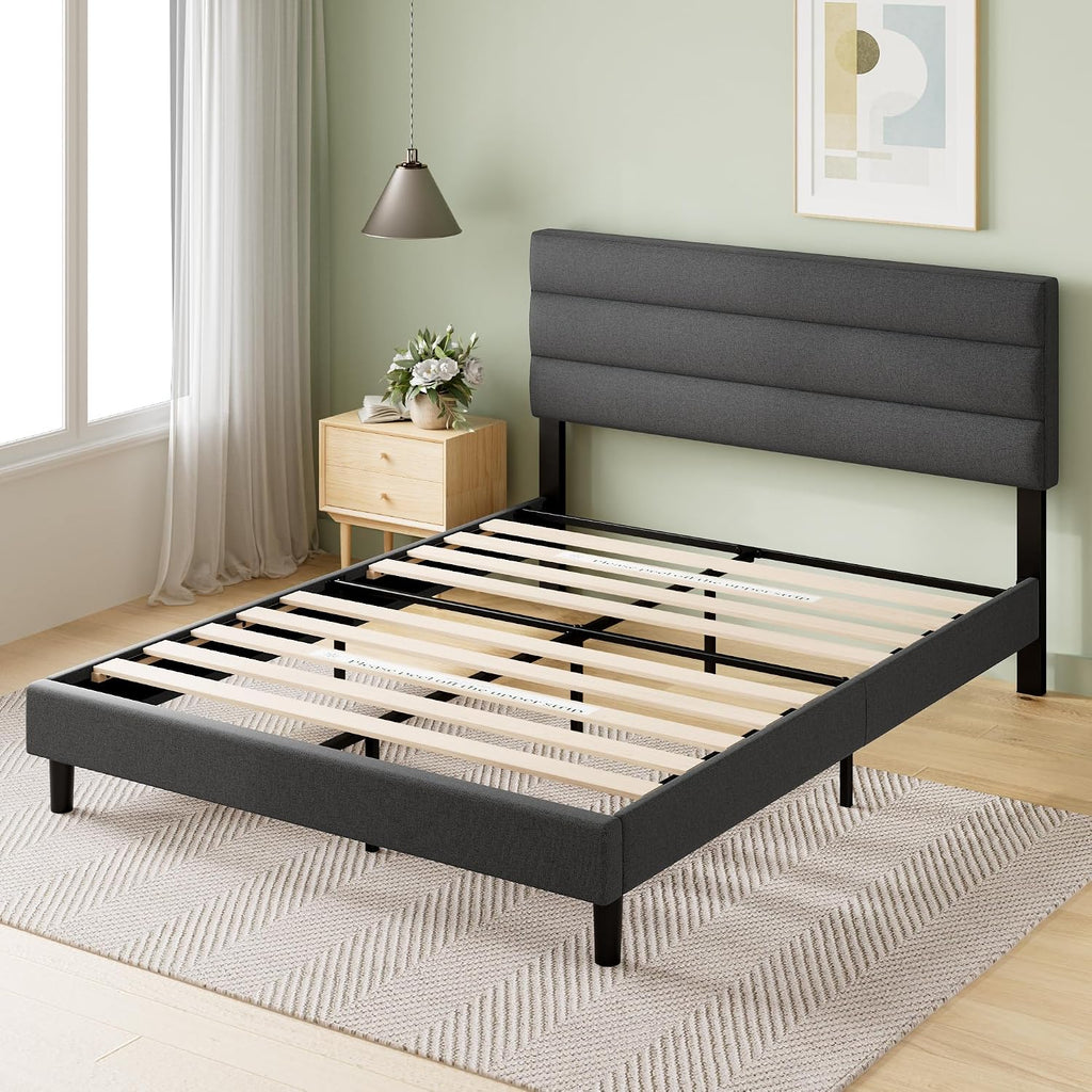 Zinus Full Piper Upholstered Platform Bed with Horizontal Paneled Headboard, Wooden Slat Support, No Box Spring Needed, Easy Assembly, Eco Friendly Packaging, Dark Grey