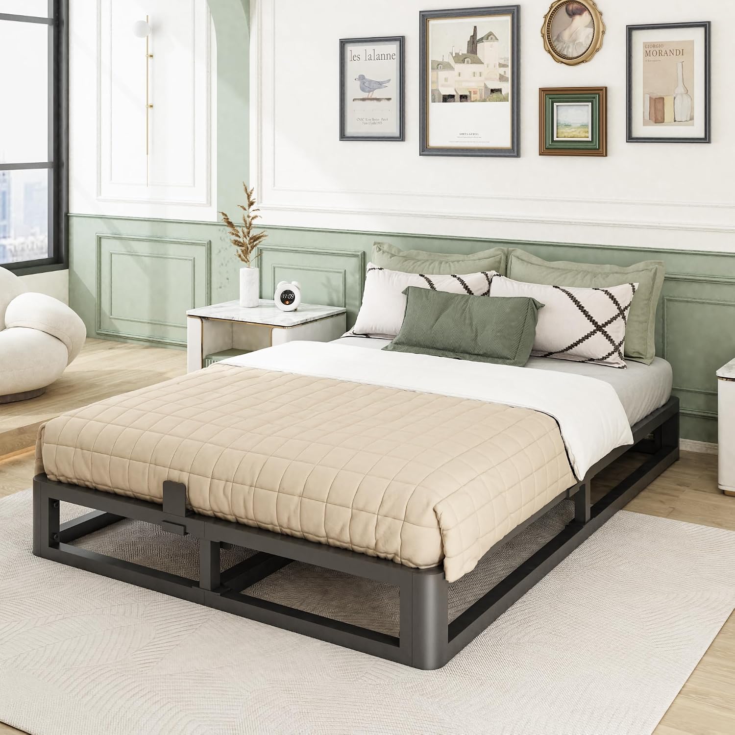 Firpeesy 6 Inch Queen Bed Frame with Round Corner Edges, Low Profile Queen Metal Platform Bed Frame with Steel Slat Support, No Box Spring Needed/Easy Assembly/Noise Free Mattress Foundation