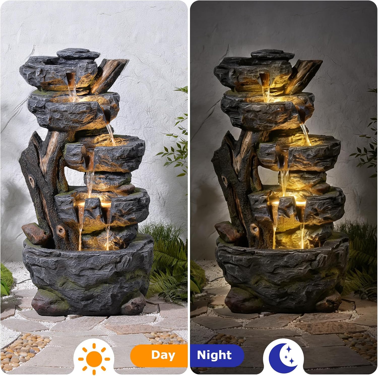 47.2' Tall Outdoor Water Fountain 5-Tier Large Cascading Waterfall Fountain Realistic Rock & Tree Trunk Design with LED Lights, Relaxing Water Flow for Garden, Patio, Backyard & Porch Decor