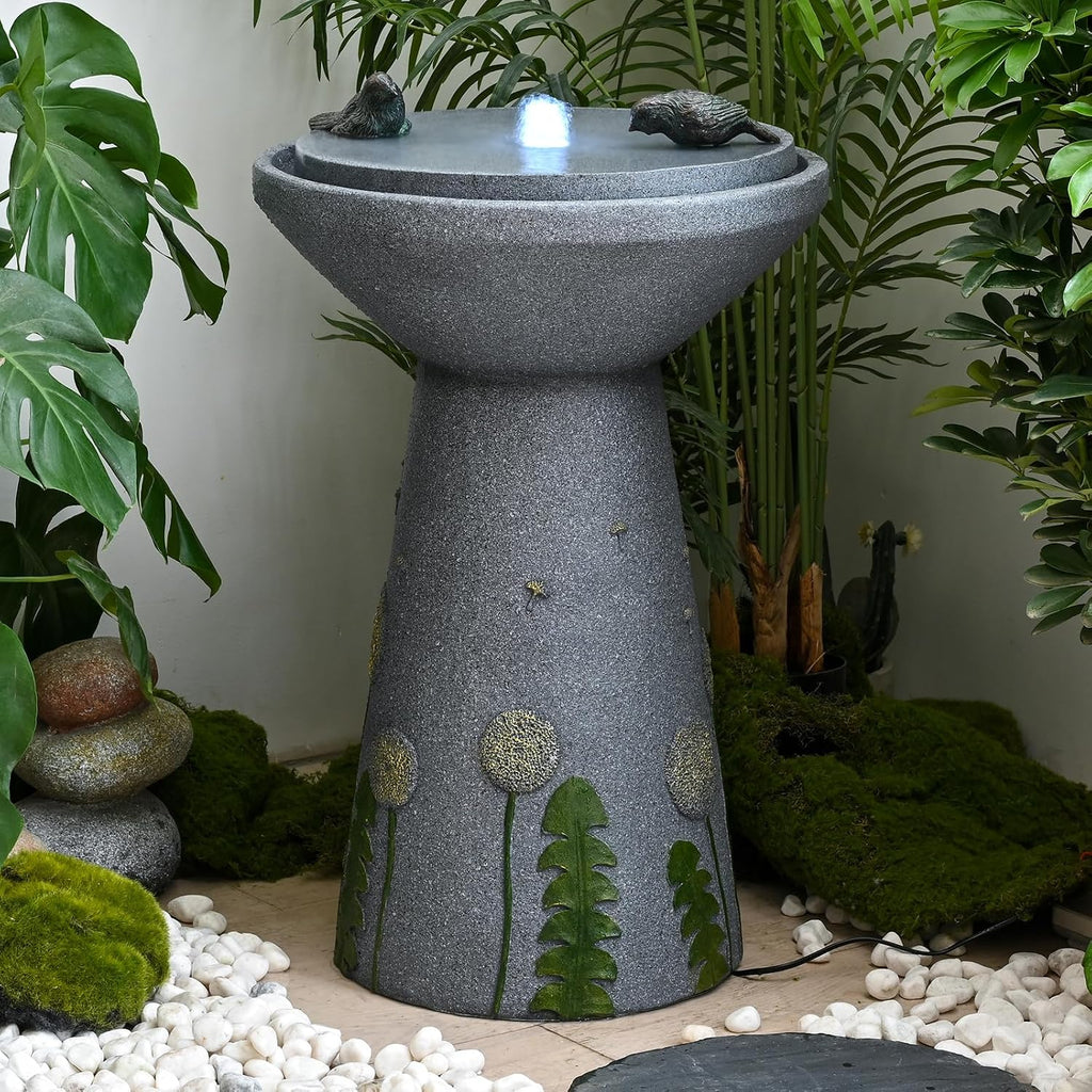 30.7' Outdoor Garden Floor-Standing Water Fountain with LED Light and Pump, Two Birds Embossed Pattern Pedestal Ceramic Watefall for Patio, Backyard, Deck, Porch and Home Art Decor (30.7' Two Birds)