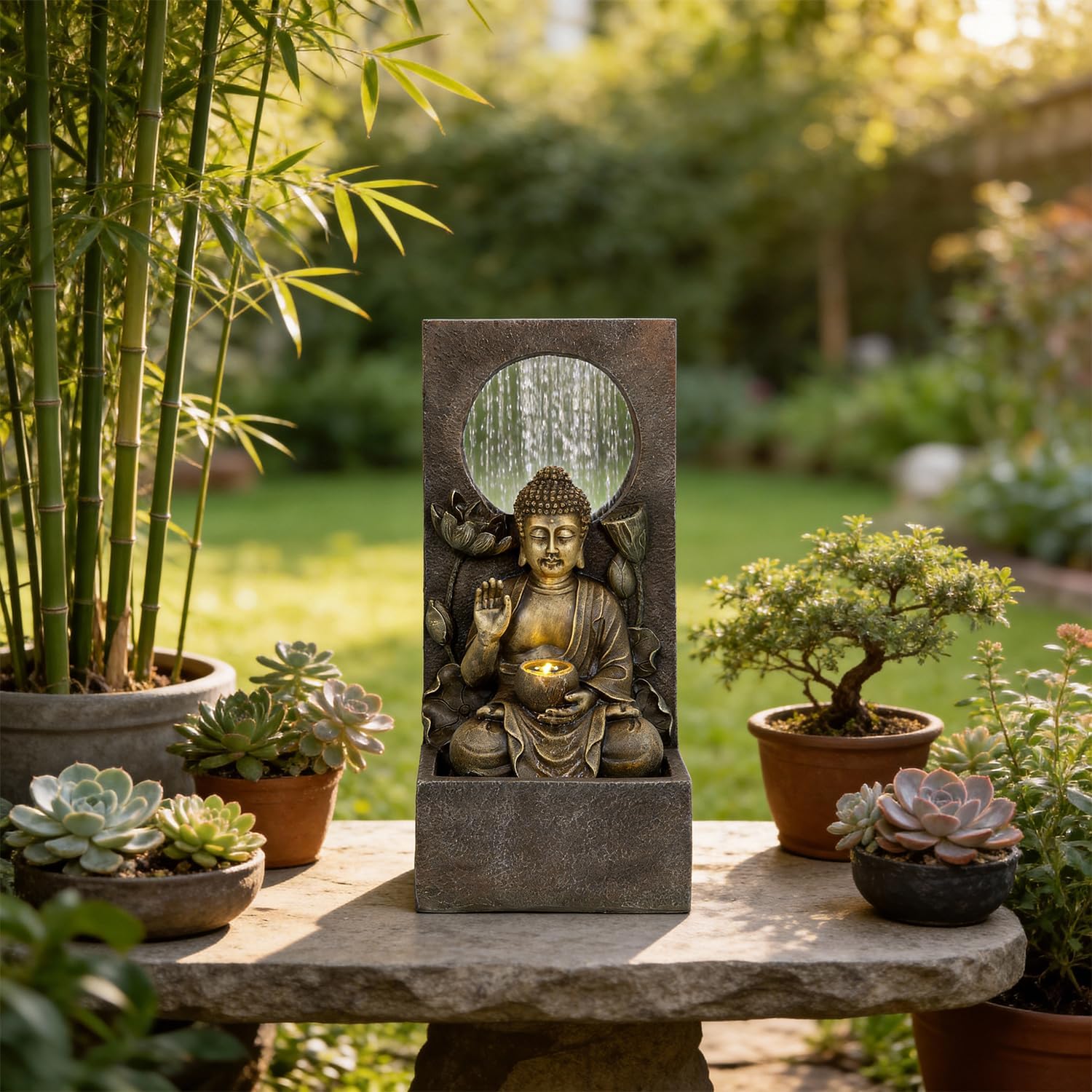Ferrisland Buddha Waterfall Fountain Outdoor, Freestanding Relaxing Water Fountain, Asian Zen Fengshui Patio Garden Backyard Decking Home Decor, Gift Ideas (Gold, 27.6' H)