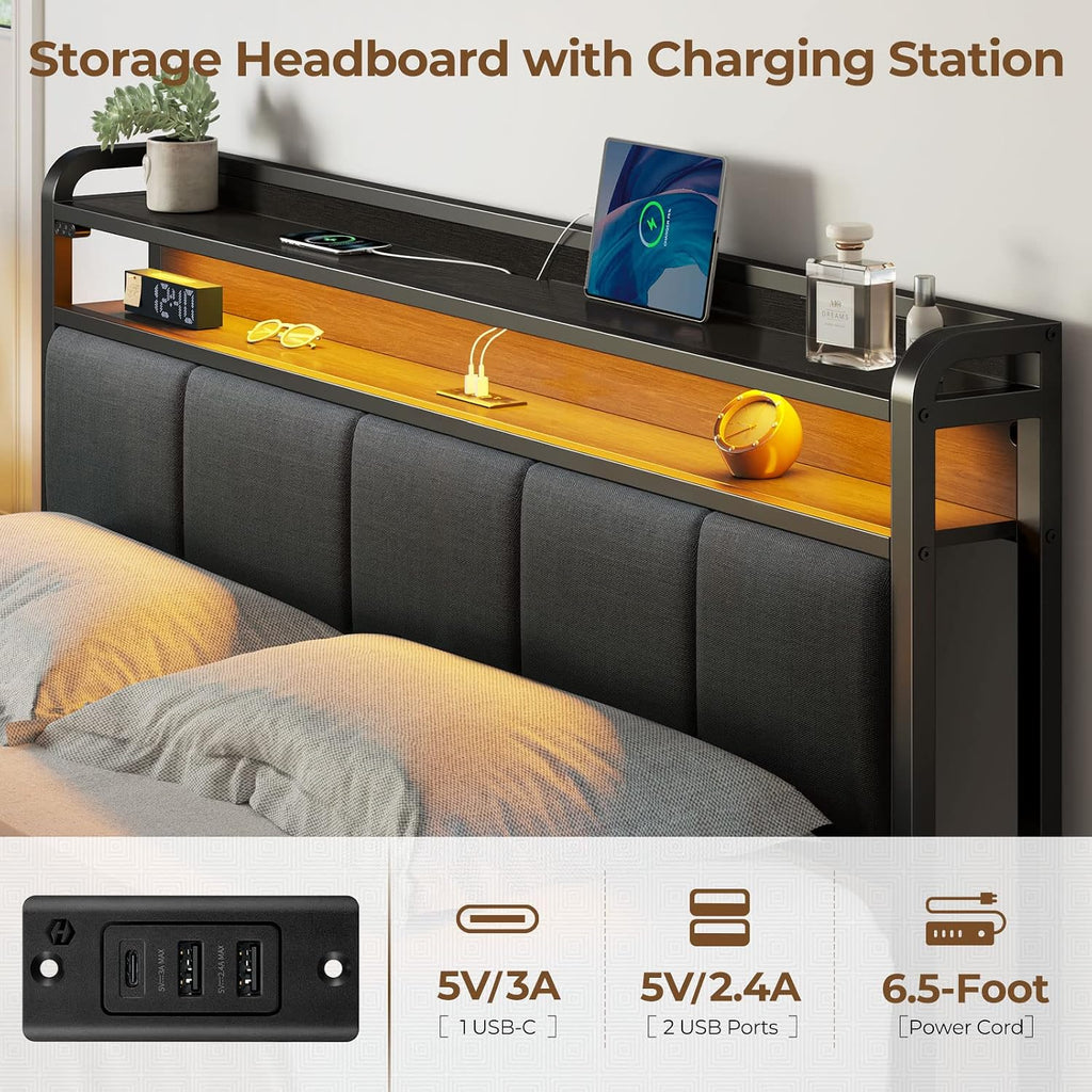 Rolanstar Queen Bed Frame with LED Lights, Upholstered Headboard, Charging Station, Storage Shelves, Heavy Duty Metal Slats, No Box Spring Needed, Noise Free, Easy Assembly, Dark Grey