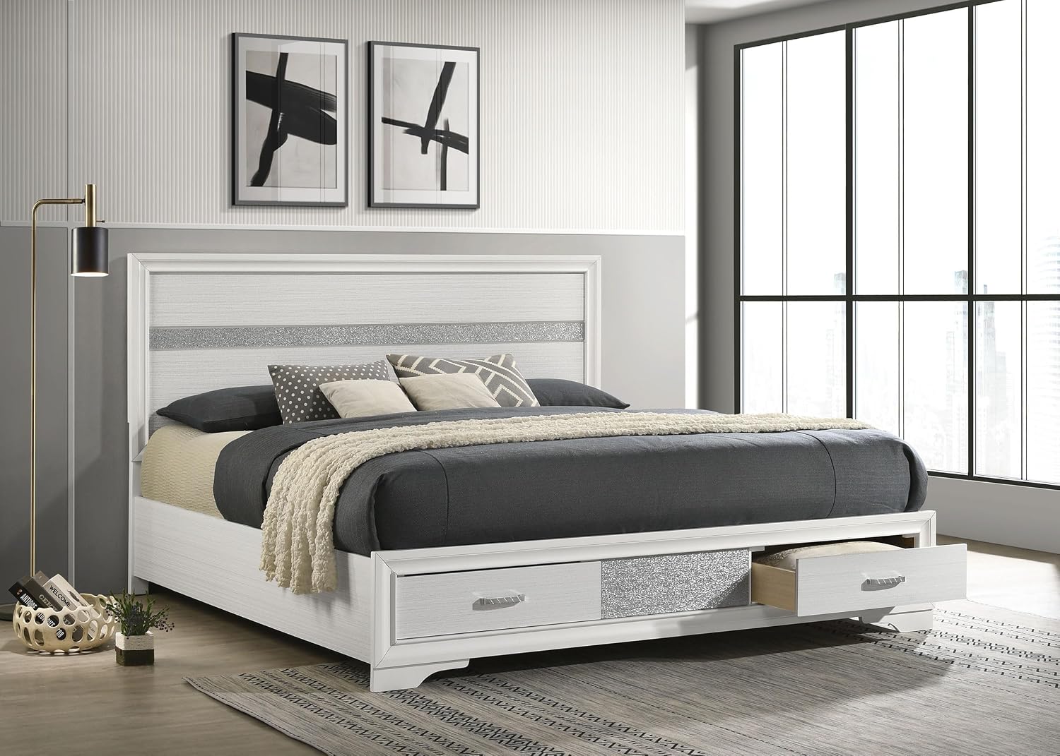 BOWERY HILL King Storage Panel Bed, 50.25' H x 79.25' W x 83.75' D, Asian Hardwood and Particle Board, White and Rhinestone Finish, 2 Drawers, Contemporary Style, Box Spring Required