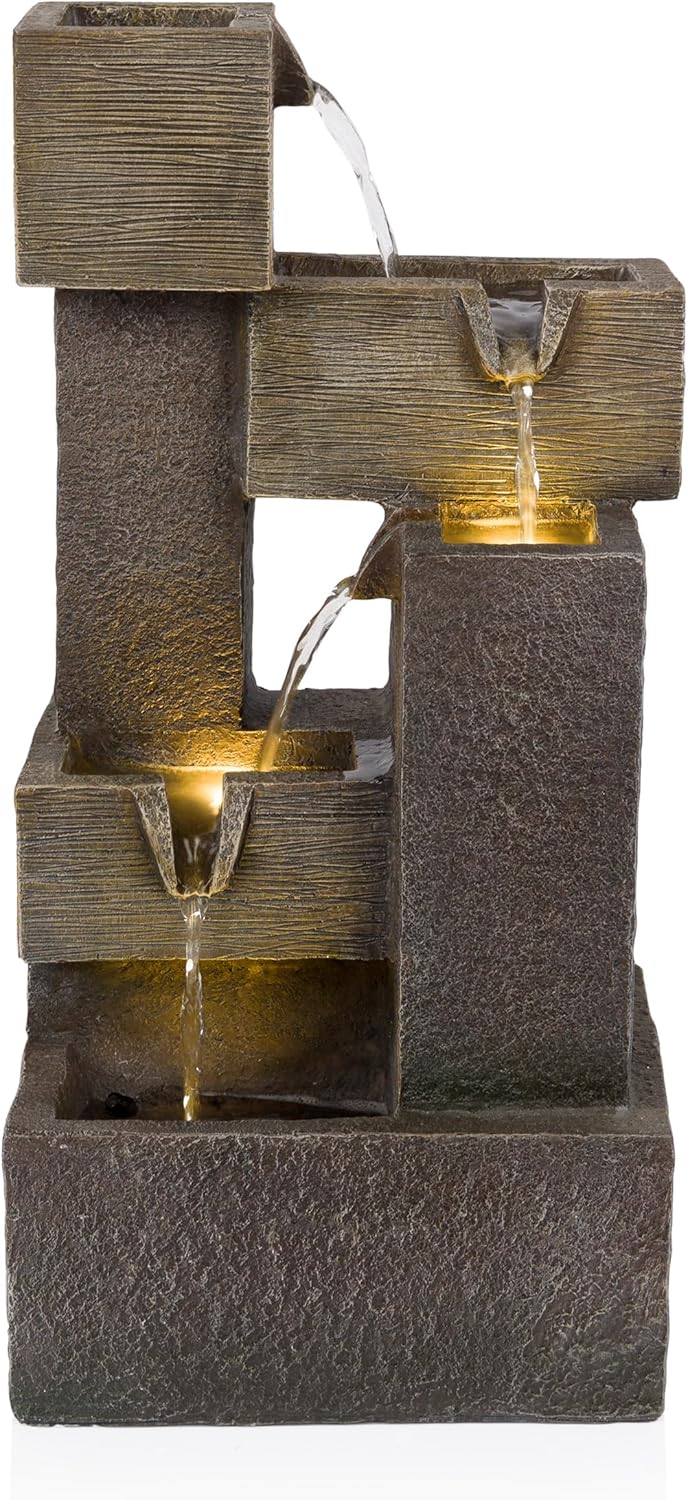 Alpine Corporation ZDQ110 19' Indoor/Outdoor Multi-Tier Water Fountain with LED Lights – Cascading Waterfall Feature for Gardens, Patios, Yards, and Home Décor, Gray