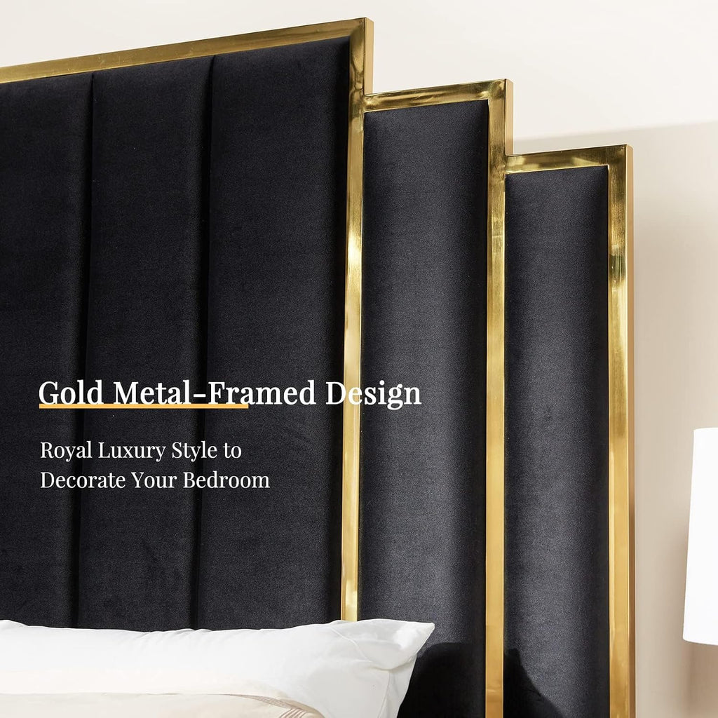 Albott California King Size Platform Bed Frame, 65' Velvet Upholstered Bed with Gold Trim Headboard/Wooden Slats/No Box Spring Needed/Black