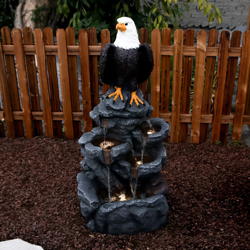 YZM Bald Eagle Statue Outdoor Fountain Tiered Cascading Rock Water Fountain Outdoor Garden Waterfall Decor for Garden Patio Backyard Deck Porch Outside Water Feature 39.76' H