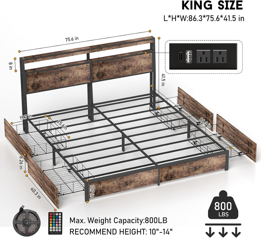 Fabulis King Size Bed Frame with 4 Storage Drawers and Headboard with Charging Station and LED Lights,2 Tier Solid Wood Headboard Storage,Noise Free,Easy Assembly, Vintage Brown