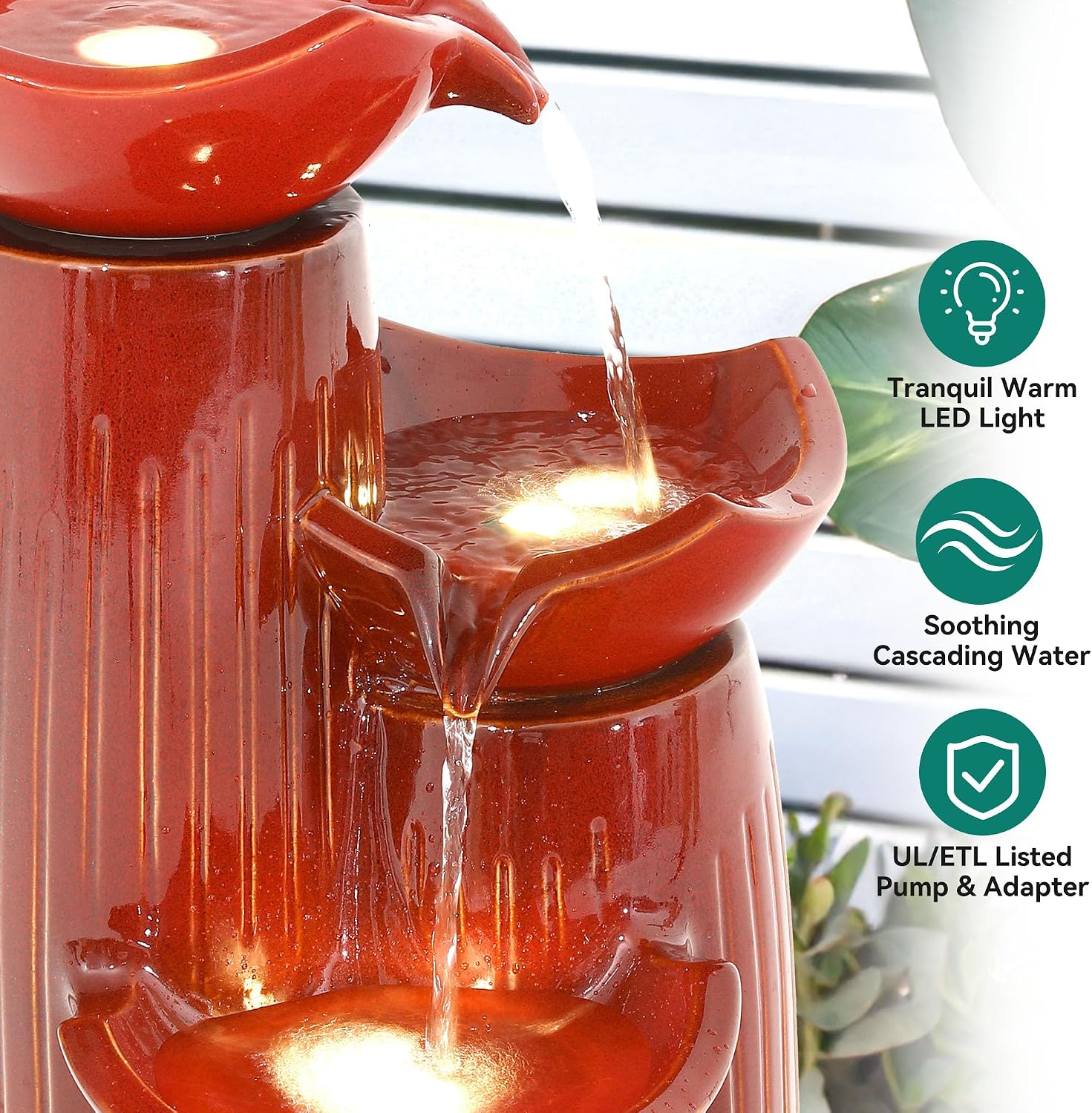 30' H Ceramic Outdoor Water Fountain with LED Lights, 3-Tier Cascading Lotus Bowls Water Feature, Tranquil Waterfall for Relaxing Garden, Patio, Yard, Terracotta Red, Vertical Striped Texture