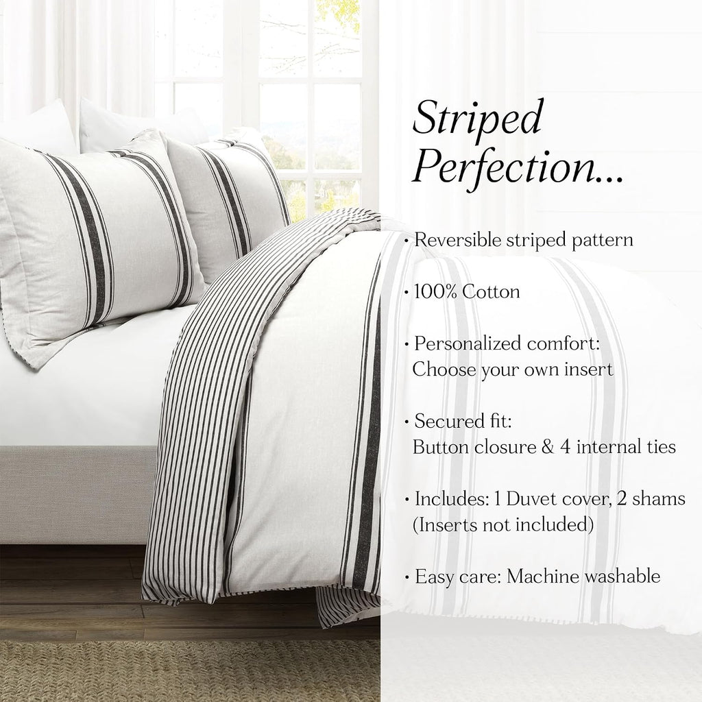 Lush Decor Farmhouse Stripe Reversible Cotton Duvet Cover King Size 3 Piece Set Black - Farmhouse Bedding Set King - Striped Duvet Cover