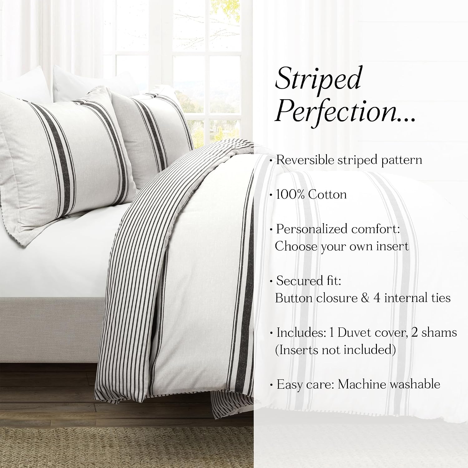 Lush Decor Farmhouse Stripe Reversible Cotton Duvet Cover King Size 3 Piece Set Black - Farmhouse Bedding Set King - Striped Duvet Cover