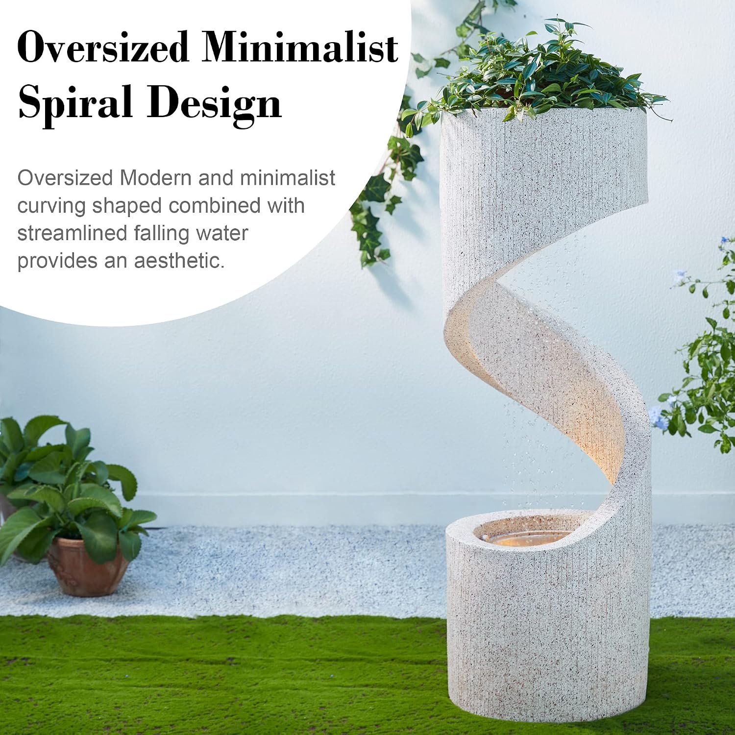 Glitzhome Outdoor Water Fountain with LED Light, Modren Curved Waterfall Fountain with Stone Planter, Faux Terrazzo Spiral Shaped Outdoor Fountains Water Feature for Garden Patio Deck Porch, 40.25'H