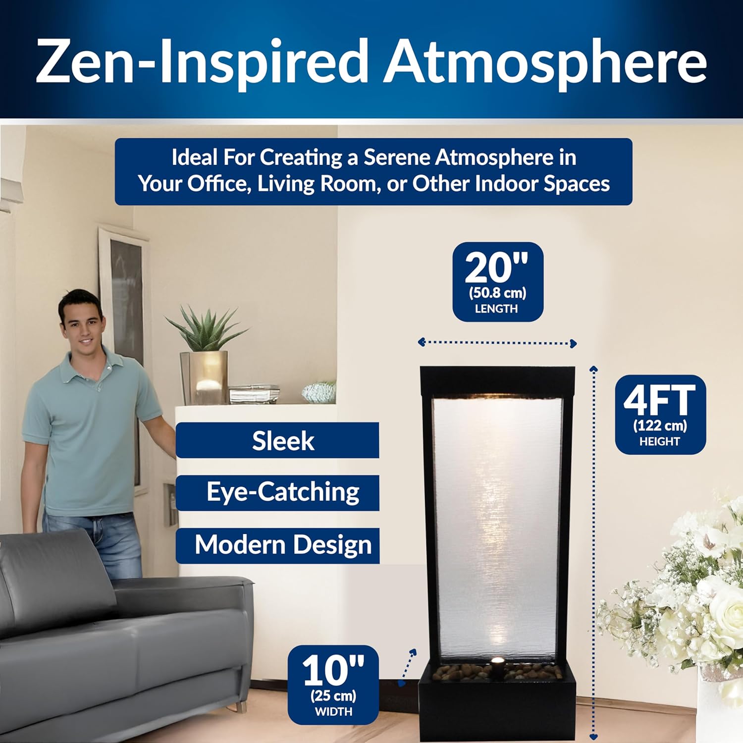 Alpine Corporation MLT170S 48' Indoor Outdoor Waterfall Fountain with LED Light Modern Glass & Aluminum Black Wall Water Feature for Home, Patio, Garden Décor Soothing Cascading Indoor Water Fountain