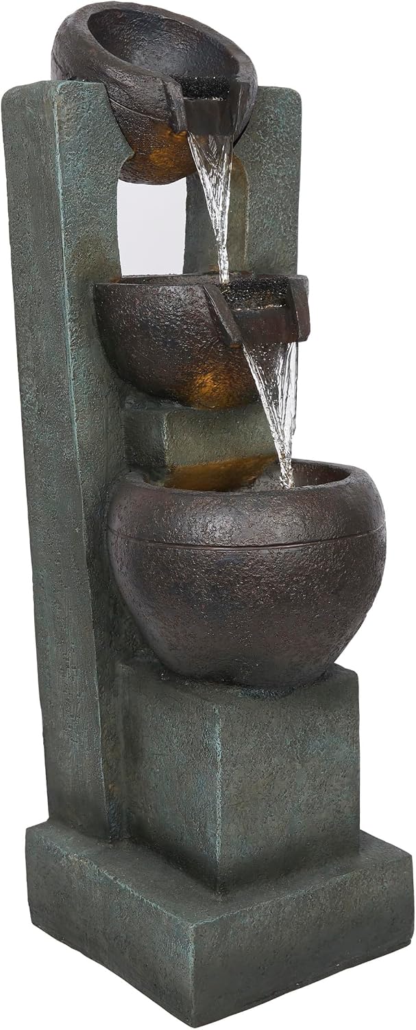Alpine Corporation TZL400 34' 3 Tier Basin Cascading Fountain with LED Lights, Elegant Outdoor Water Feature for Garden, Patio, Yard & Outdoor Spaces, Relaxing Waterfall Fountain, Gray