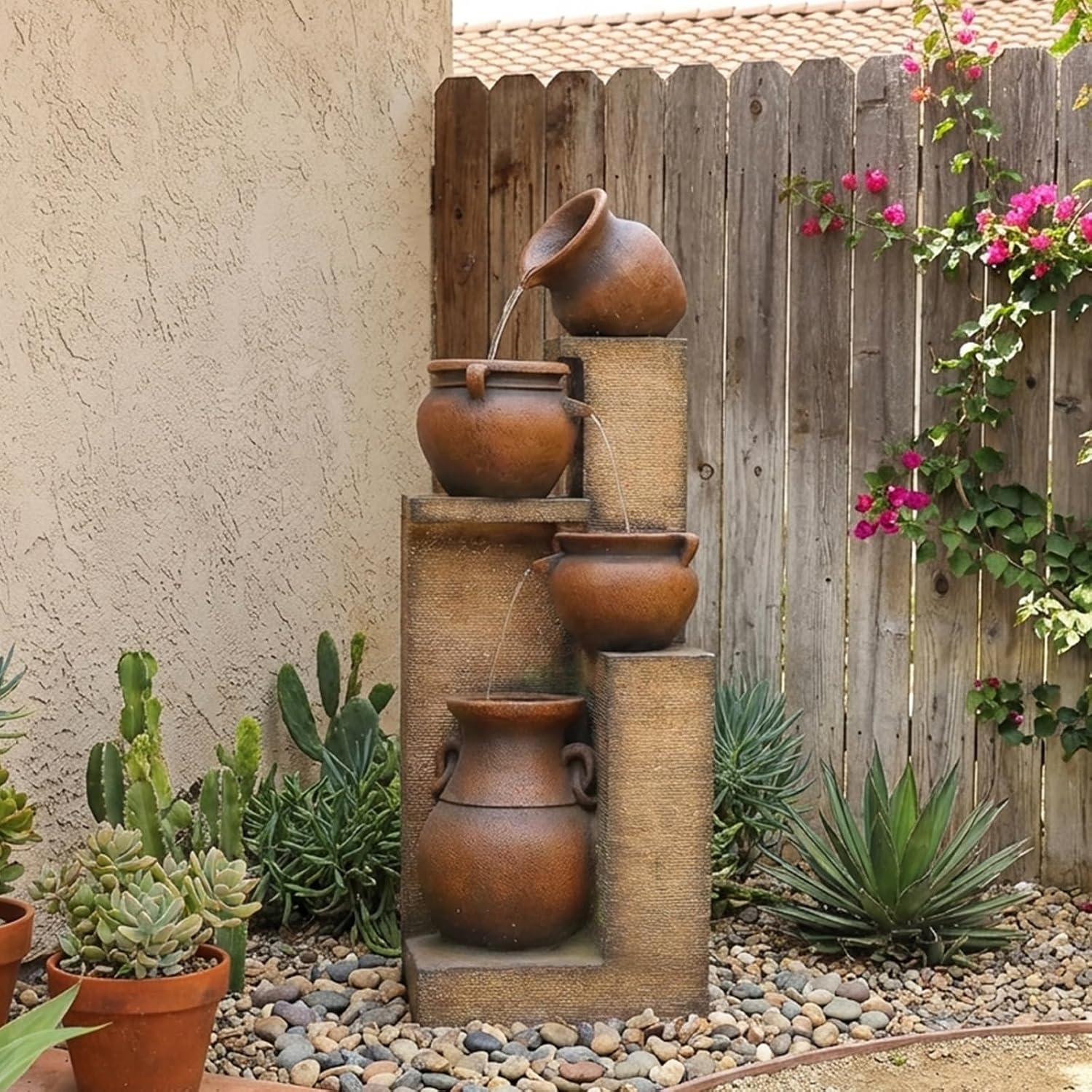 Bumilgar 53' H Patio Water Fountain - The 4 Cascading Modern Feature Crocks Garden Fountains and Waterfalls with Warm Lights for Porch, Deck, Patio, Backyard Home Décor (Gold)
