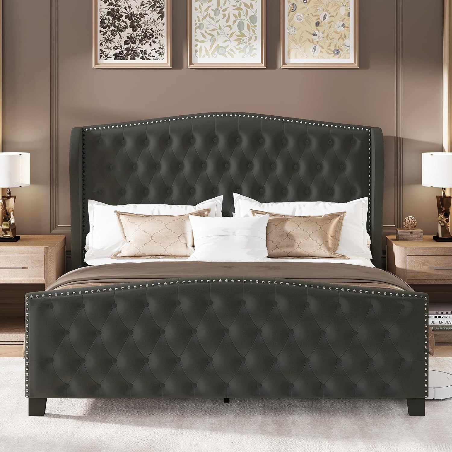LARMACE King Size Bed Frame Velvet Upholstered Platform Bed with Wingback Headboard & Footbaord, Deep Button Tufted Bed Frame with Wood Slats Support, No Box Spring Needed, Grey