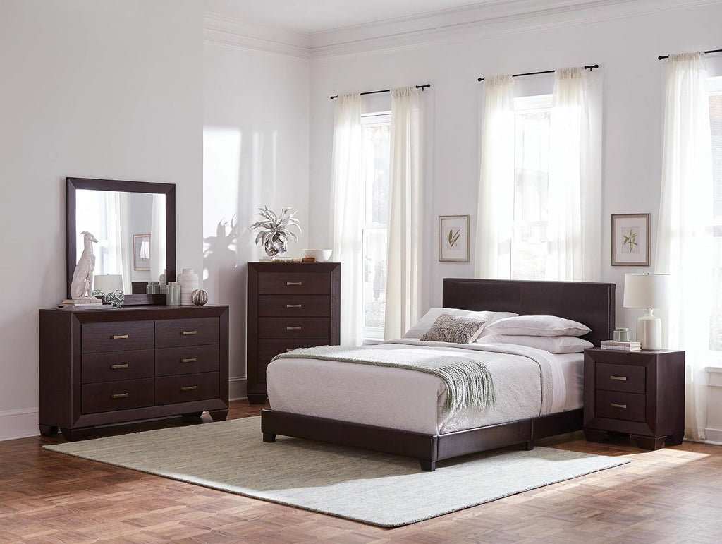 Coaster Home Furnishings Dorian Transitional 5-Piece Bedroom Set Leatherette Upholstered Queen Size Panel Bed Frame 46-inch Headboard Dark Cocoa 300762Q-S5