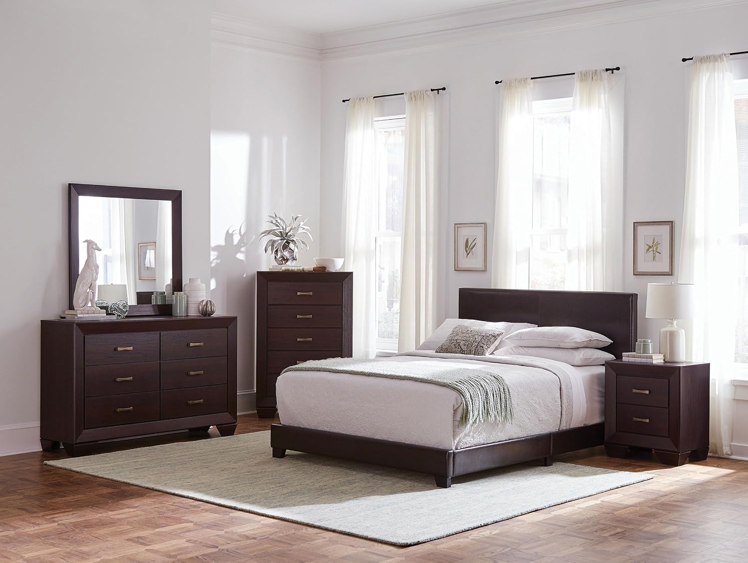 Coaster Home Furnishings Dorian Transitional 5-Piece Bedroom Set Leatherette Upholstered Queen Size Panel Bed Frame 46-inch Headboard Dark Cocoa 300762Q-S5