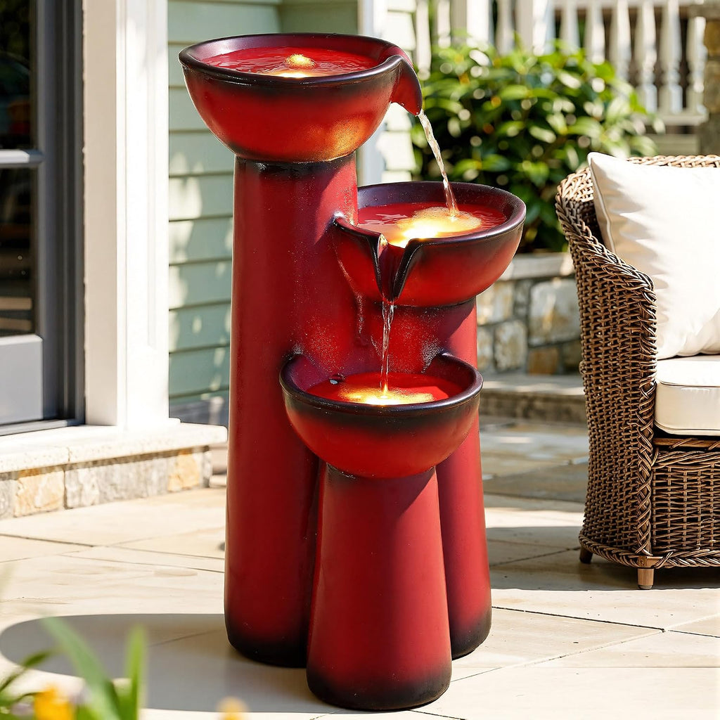 27' Outdoor Water Fountain with LED Lights, 3-Tier Cascading Faux Ceramic Column Water Feature with Pump for Garden Patio Backyard, Weather-Resistant Resin Waterfall for Serene Oasis, Red