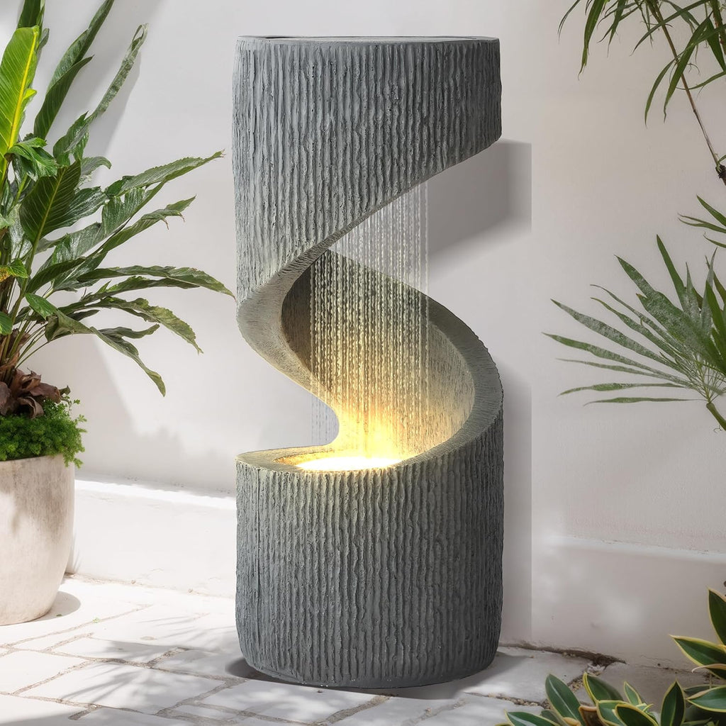 MAGIC UNION Outdoor S-Shaped Water Fountain, Spiral Waterfall Indoor Fountain Outside Garden Decor with LED Lights & Pump, Curved Patio Resin Fountains for Yard, Deck, Porch and Home Decorations