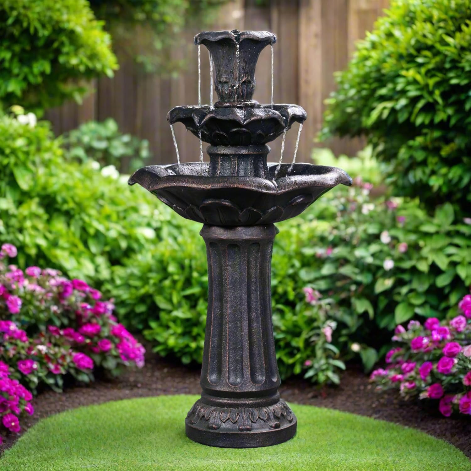 Teamson Home Lily Flower Floor Pedestal 3 Tiered Floor Waterfall Fountain with Pump for Outdoor Patio Garden Backyard Decking, 38 Inch Height, Dark Gray