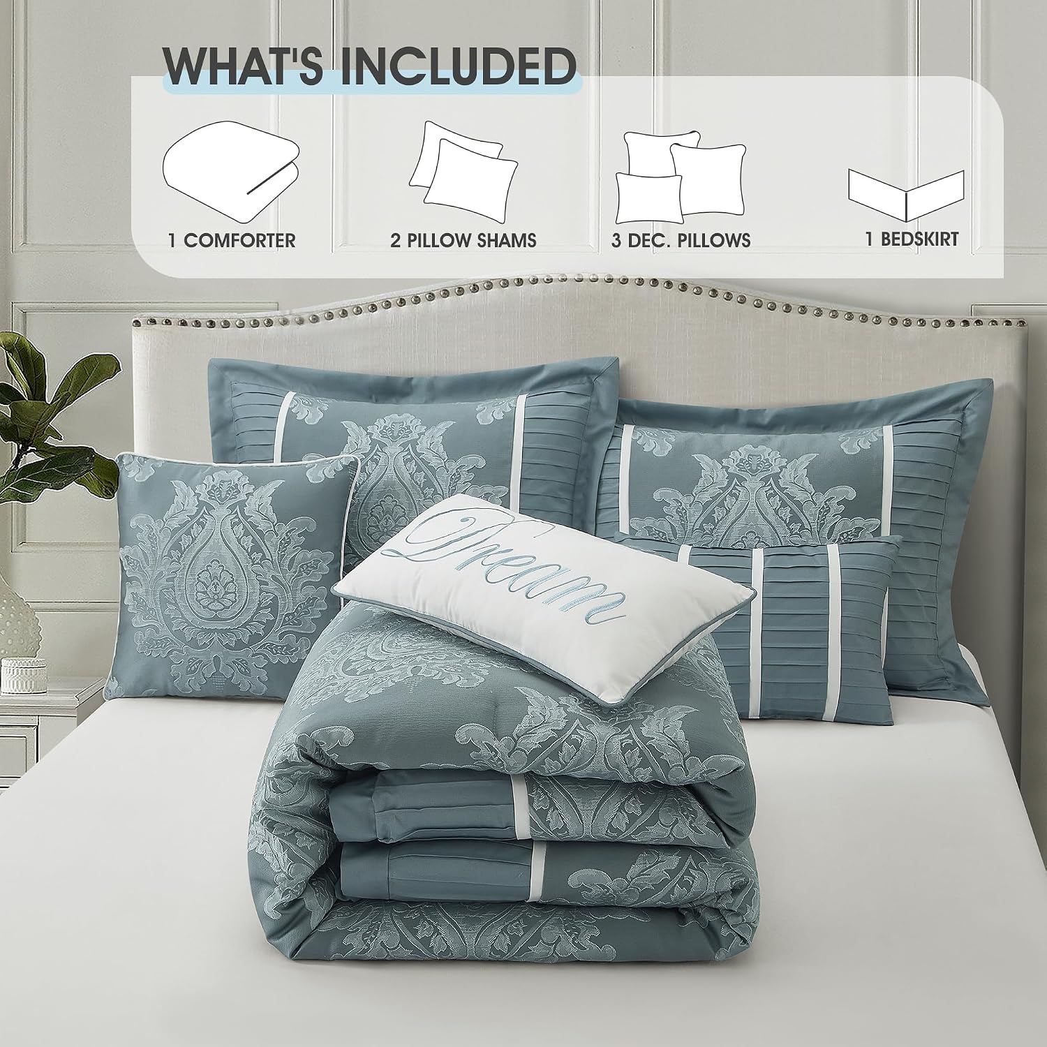 LANCO MODERN LIFESTYLE Blue Queen Comforter Set 7 Pieces, Jacquard Woven with Damask, Bedding Set in a Bag Includes Comforter, Bed Skirt, Pillow Shams, and Decorative Pillows