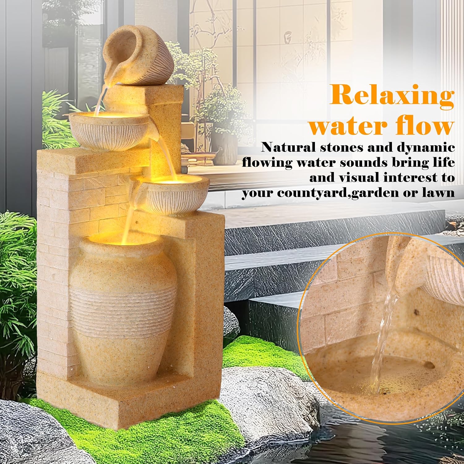 32' Outdoor/Indoor Garden Water Fountains, 4 Tiers Cascading Resin Fountains and Waterfalls with LEDs & Bowls, Modern Floor-Standing Patio Fountain for Porch, Deck, Yard (Bright Yellow)