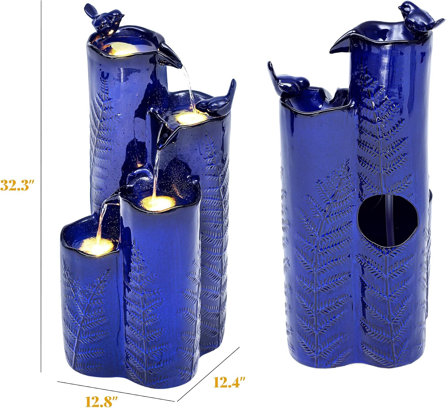 32' Outdoor Water Fountain, Ceramic Outdoor Fountain, Stacked 4-Tier Vase Waterfalls for Garden, Patio, Yard, or Porch Decor, Creating Relaxing Serene Oasis, Embossed Leaf Pattern, Cobalt Blue