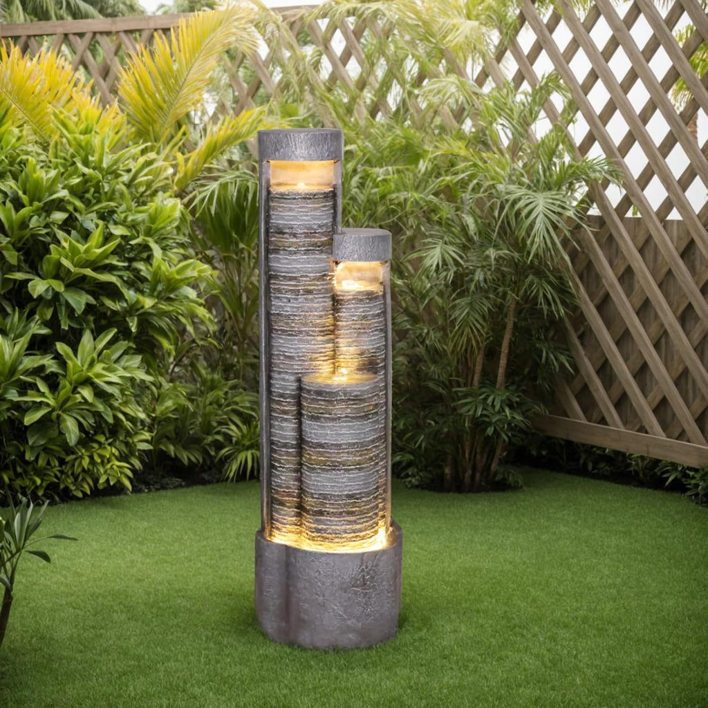 39.76' Tall Indoor Outdoor Water Fountain Modern Water Feature Stone-Textured Cascading Floor-Standing Fountains with Led Lights for Garden, Patio, Balcony, Yard, Office Home Art Decor