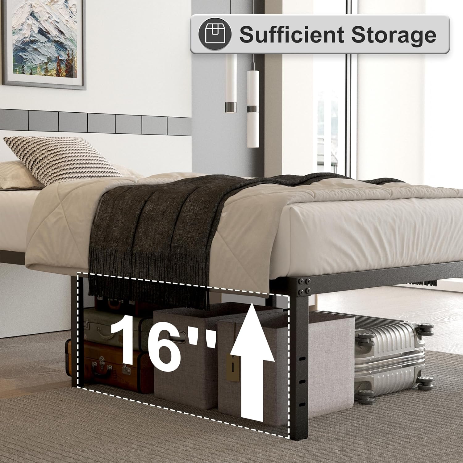 Cieemine 18 Inch California King Bed Frame with Black Bed Cover, Metal Cal King Bed Frame No Box Spring Needed, Heavy Duty Mattress Foundation, Easy Assembly, Noise Free